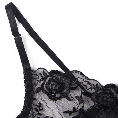SUBBLIME - SET 3 PEZZI REGGISENO + PERIZOMA + GIARRETTIERA STAMPA FLOREALE NERO L/XL - SUBBLIME SETS | Lingerie Harness Boutique