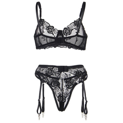 SUBBLIME - SET 3 PEZZI REGGISENO + PERIZOMA + GIARRETTIERA STAMPA FLOREALE NERO L/XL - SUBBLIME SETS | Lingerie Harness Boutique