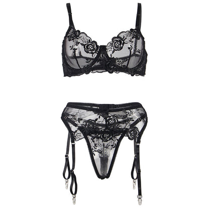 SUBBLIME - SET 3 PEZZI REGGISENO + PERIZOMA + GIARRETTIERA STAMPA FLOREALE NERO L/XL - SUBBLIME SETS | Lingerie Harness Boutique