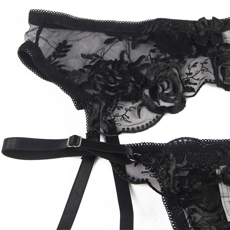 SUBBLIME - SET 3 PEZZI REGGISENO + PERIZOMA + GIARRETTIERA STAMPA FLOREALE NERO L/XL - SUBBLIME SETS | Lingerie Harness Boutique