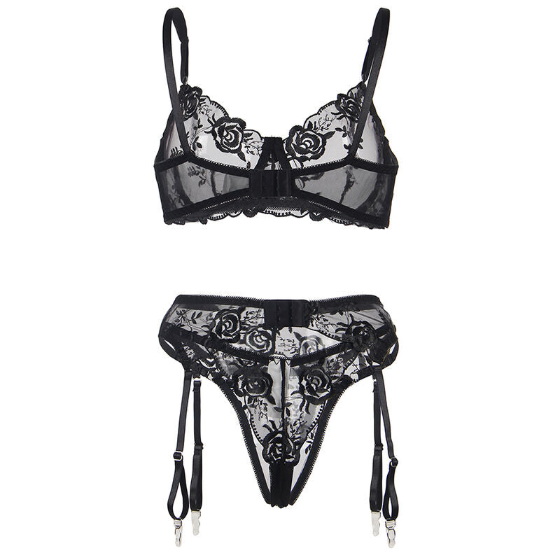 SUBBLIME - SET 3 PEZZI REGGISENO + PERIZOMA + GIARRETTIERA STAMPA FLOREALE NERO L/XL - SUBBLIME SETS | Lingerie Harness Boutique