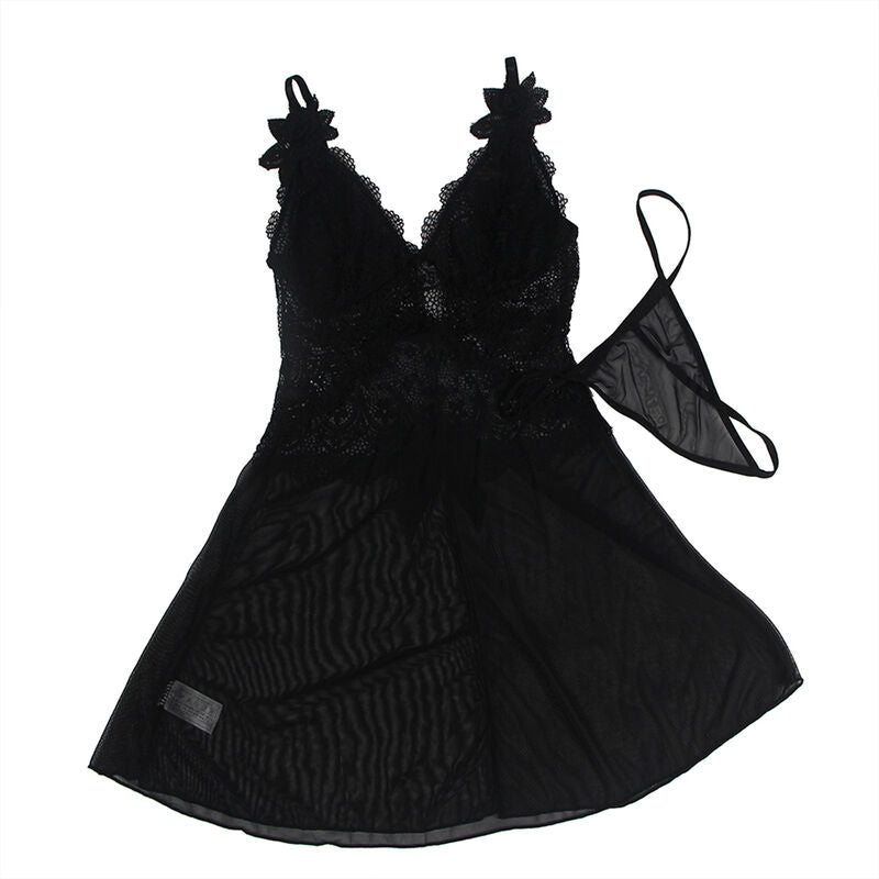 SUBBLIME - BABYDOLL TULLE CON DETTAGLI PIZZO E FIORI NERO L/XL - SUBBLIME BABYDOLLS | Lingerie Harness Boutique