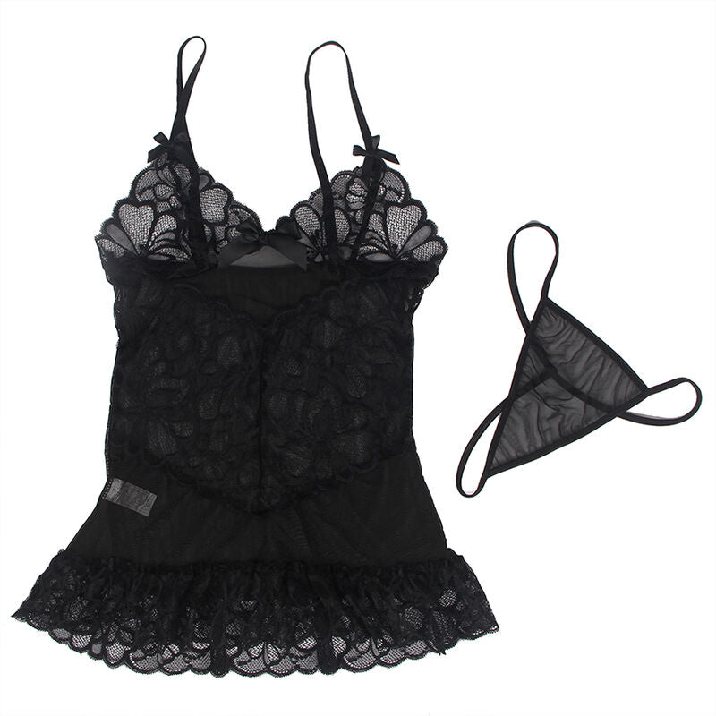 SUBBLIME - BABY DOLL CON SPALLINE REGOLABILI E PIZZO TRASPARENTE STAMPA FLOREALE NERO L/XL - SUBBLIME BABYDOLLS | Lingerie Harness Boutique