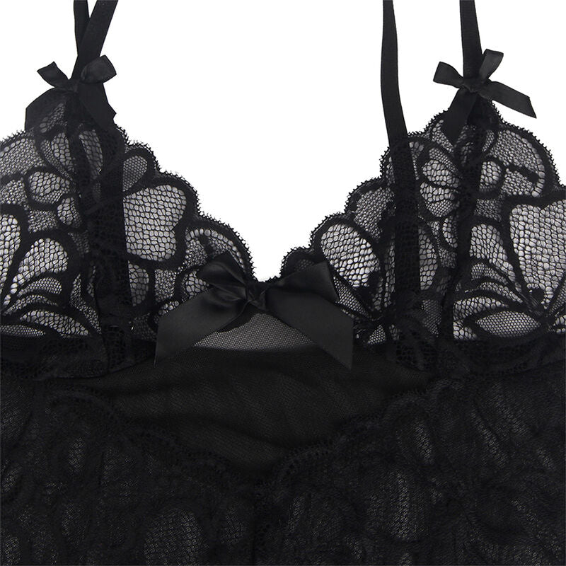 SUBBLIME - BABY DOLL CON SPALLINE REGOLABILI E PIZZO TRASPARENTE STAMPA FLOREALE NERO L/XL - SUBBLIME BABYDOLLS | Lingerie Harness Boutique