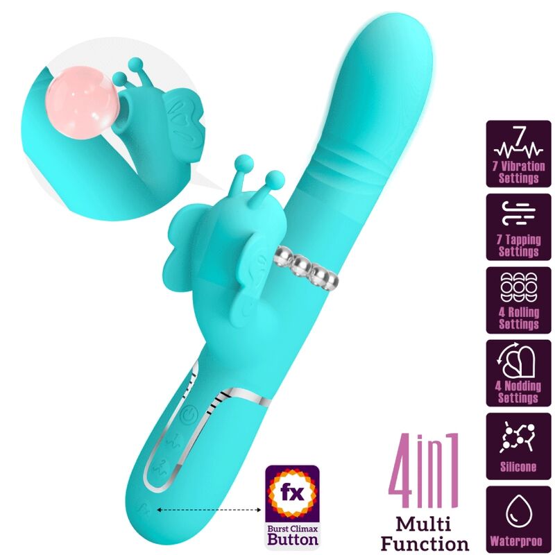 PRETTY LOVE - VIBRATORE MULTIFUNZIONE RABBIT 4 IN 1 FARFALLA VERDE ACQUA - PRETTY LOVE FLIRTATION | Lingerie Harness Boutique