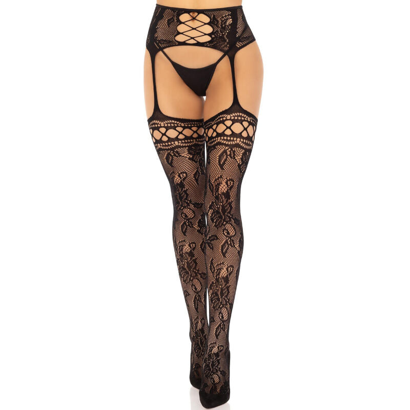 LEG AVENUE - CALZE REGGER IN PIZZO FLOREALE NERO - LEG AVENUE HOSIERY | Lingerie Harness Boutique