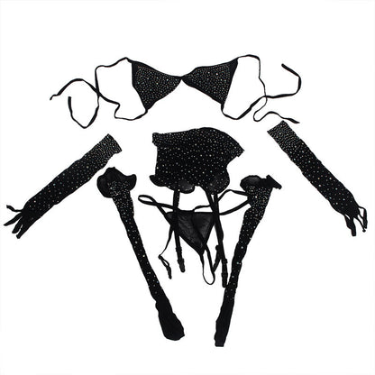 SUBBLIME - 952174 BODYSTOCKING A RETE CON GUANTI E STRASS NERO TAGLIA UNICA - SUBBLIME BODYSTOCKINGS | Lingerie Harness Boutique