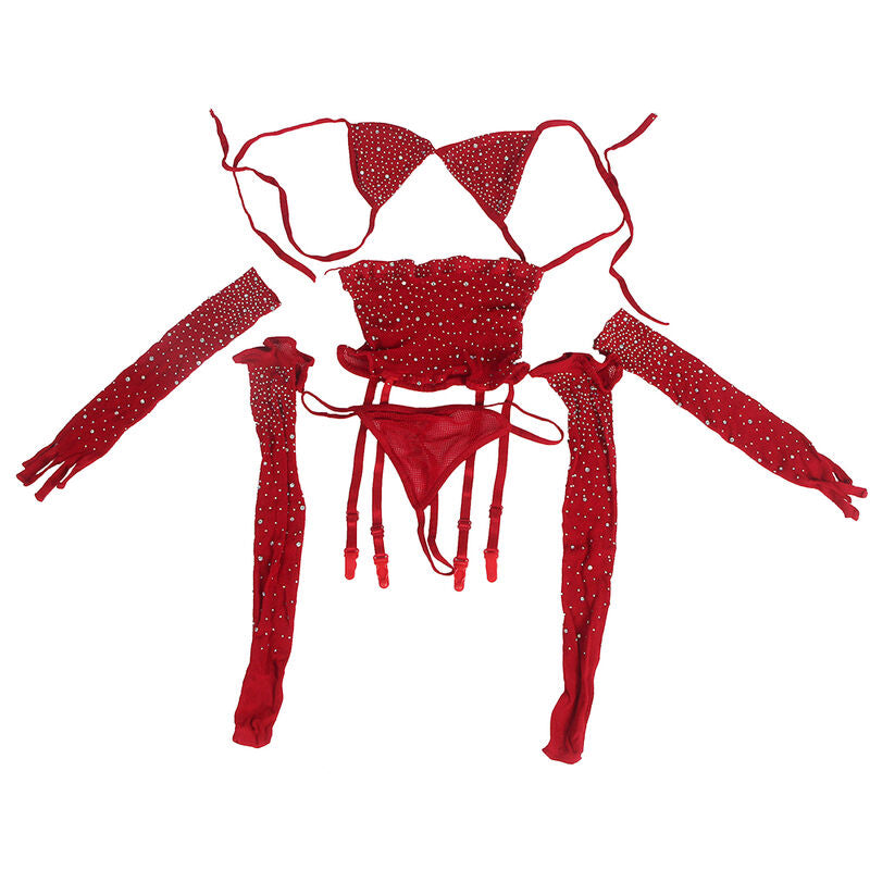 SUBBLIME - 952181 BODYSTOCKING A RETE CON GUANTI E STRASS ROSSO TAGLIA UNICA - SUBBLIME BODYSTOCKINGS | Lingerie Harness Boutique