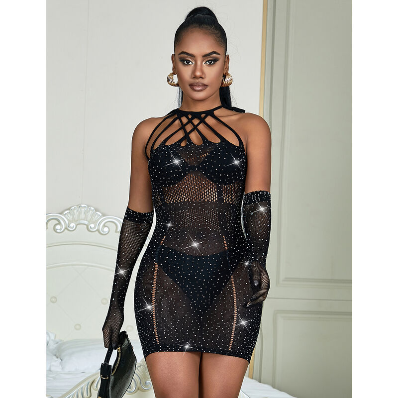 SUBBLIME - 952235 ABITO A RETE CON STRASS NERO TAGLIA UNICA - SUBBLIME DRESSES | Lingerie Harness Boutique