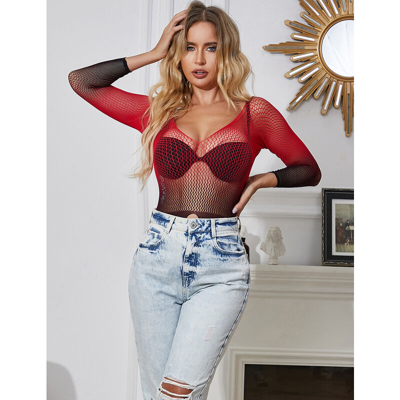 SUBBLIME - 952259 VESTITO ELASTICO A RETE MANICA LUNGA SFUMATO ROSSO E NERO TAGLIA UNICA - SUBBLIME DRESSES | Lingerie Harness Boutique