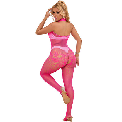 SUBBLIME - 952389 BODYSTOCKING A RETE E PIZZO SENZA CAVALLO CON COLLO ALTO ROSA TAGLIA UNICA - SUBBLIME BODYSTOCKINGS | Lingerie Harness Boutique
