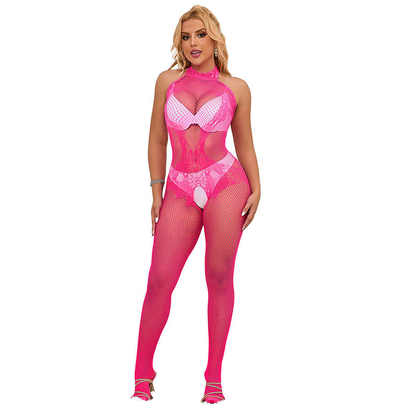 SUBBLIME - 952389 BODYSTOCKING A RETE E PIZZO SENZA CAVALLO CON COLLO ALTO ROSA TAGLIA UNICA - SUBBLIME BODYSTOCKINGS | Lingerie Harness Boutique