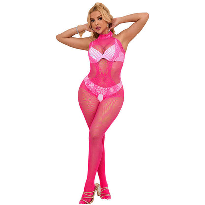SUBBLIME - 952389 BODYSTOCKING A RETE E PIZZO SENZA CAVALLO CON COLLO ALTO ROSA TAGLIA UNICA - SUBBLIME BODYSTOCKINGS | Lingerie Harness Boutique