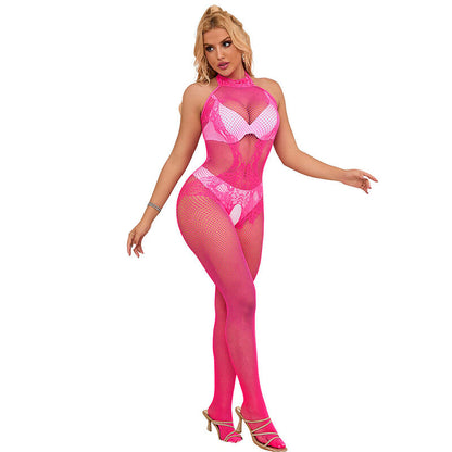 SUBBLIME - 952389 BODYSTOCKING A RETE E PIZZO SENZA CAVALLO CON COLLO ALTO ROSA TAGLIA UNICA - SUBBLIME BODYSTOCKINGS | Lingerie Harness Boutique