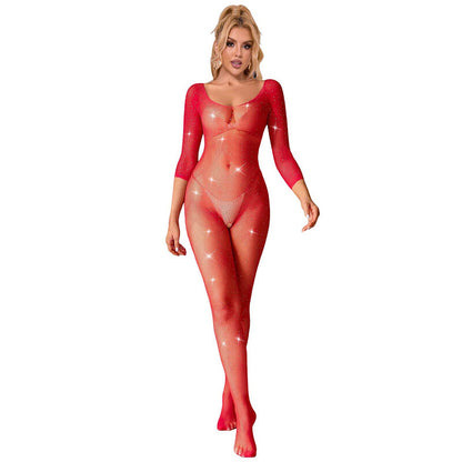 SUBBLIME - 952419 BODYSTOCKING A RETE CON STRASS MANICA LUNGA ROSSO XS/M - SUBBLIME BODYSTOCKINGS | Lingerie Harness Boutique