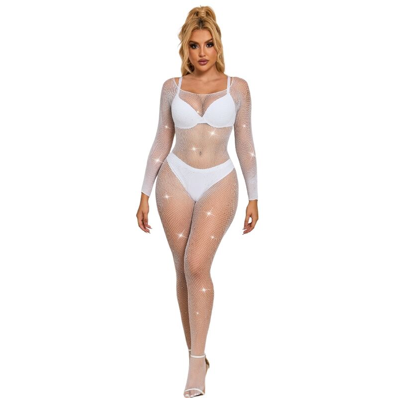 SUBBLIME - 952396 BODYSTOCKING A RETE CON STRASS MANICA LUNGA BIANCO TAGLIA UNICA - SUBBLIME BODYSTOCKINGS | Lingerie Harness Boutique