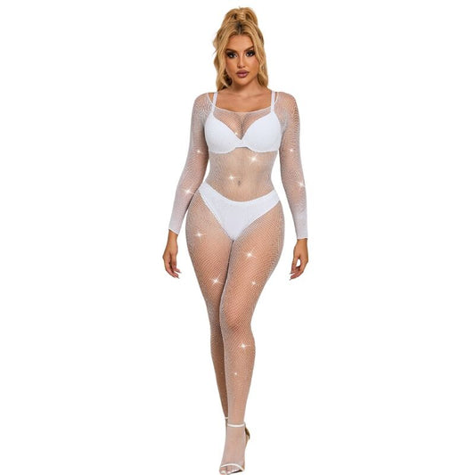 SUBBLIME - 952396 BODYSTOCKING A RETE CON STRASS MANICA LUNGA BIANCO TAGLIA UNICA - SUBBLIME BODYSTOCKINGS | Lingerie Harness Boutique