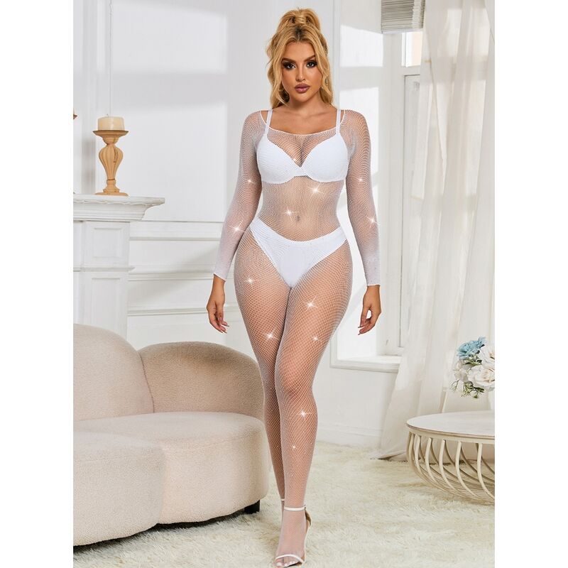 SUBBLIME - 952396 BODYSTOCKING A RETE CON STRASS MANICA LUNGA BIANCO TAGLIA UNICA - SUBBLIME BODYSTOCKINGS | Lingerie Harness Boutique