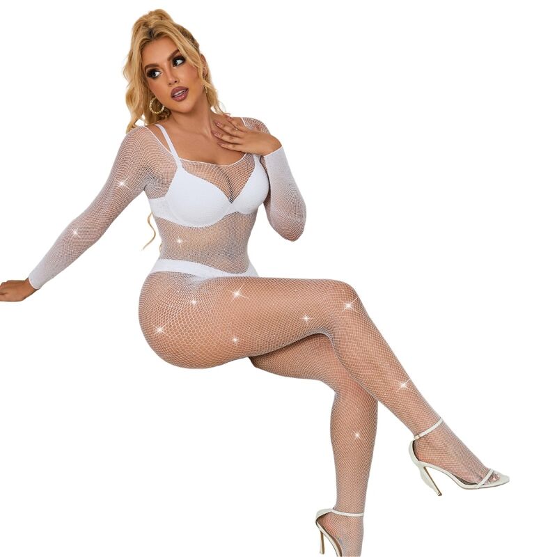 SUBBLIME - 952396 BODYSTOCKING A RETE CON STRASS MANICA LUNGA BIANCO TAGLIA UNICA - SUBBLIME BODYSTOCKINGS | Lingerie Harness Boutique