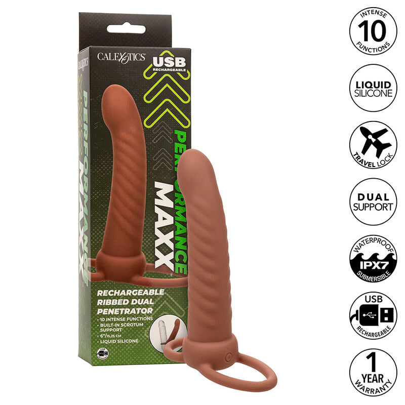 CALEXOTICS - MAXX RIBBED DUAL PENETRATOR 10 VIBRAZIONI MARRONE - CALEXOTICS | Lingerie Harness Boutique