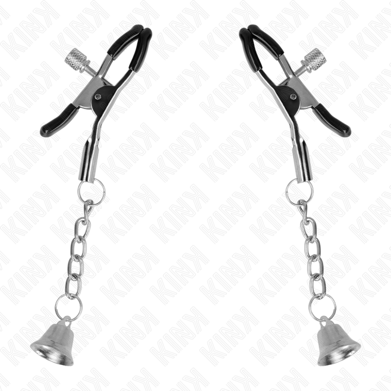 KINK - MORSETTI PER CAPEZZOLI CON CIONDOLO CAMPANELLA IN ARGENTO 6 CM - KINK COLLAR & GAG | Lingerie Harness Boutique