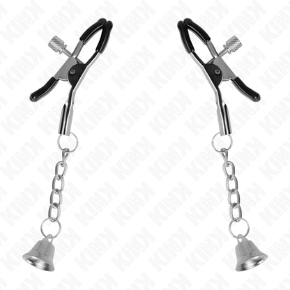 KINK - MORSETTI PER CAPEZZOLI CON CIONDOLO CAMPANELLA IN ARGENTO 6 CM - KINK COLLAR & GAG | Lingerie Harness Boutique