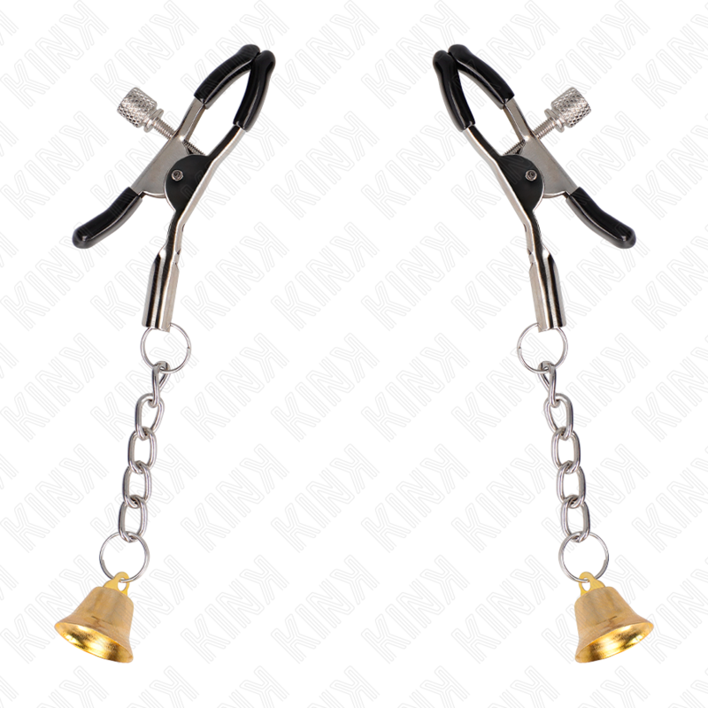 KINK - MORSETTI PER CAPEzzoli CON PENDENTE CAMPANELLA IN ORO 6 CM - KINK COLLAR & GAG | Lingerie Harness Boutique