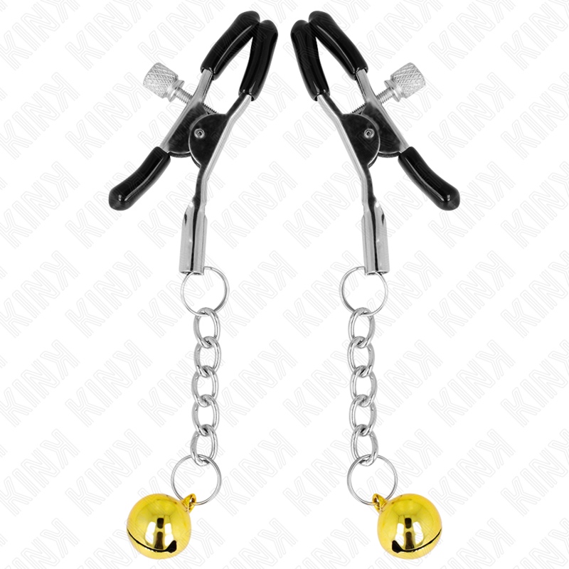 KINK - MORSETTI PER CAPEZZOLI CON PENDENTE JINGLE BELL ORO 6 CM - KINK COLLAR & GAG | Lingerie Harness Boutique