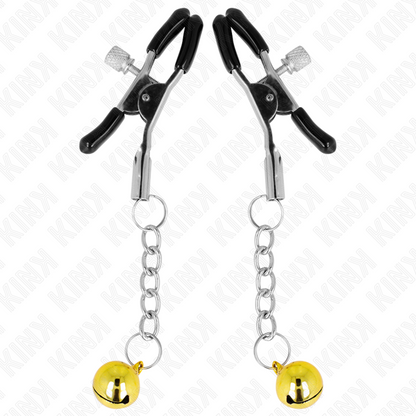 KINK - MORSETTI PER CAPEZZOLI CON PENDENTE JINGLE BELL ORO 6 CM - KINK COLLAR & GAG | Lingerie Harness Boutique