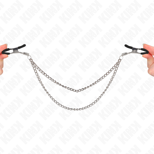 KINK - PINZE PER CAPEzzoli CON 2 CATENE SPESSE ARGENTO 20/23 CM - KINK COLLAR & GAG | Lingerie Harness Boutique