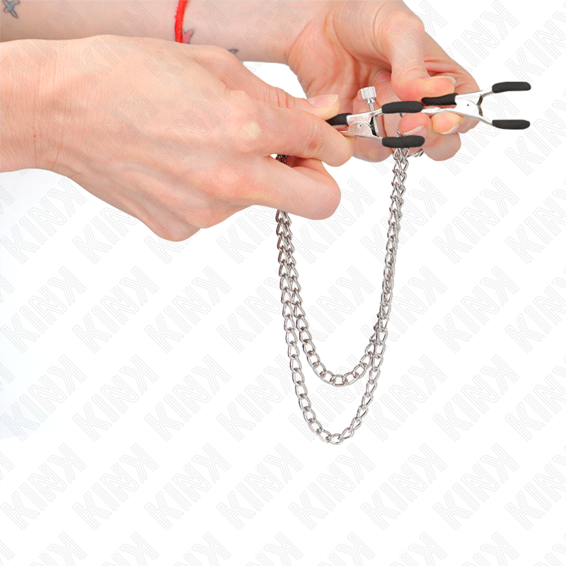 KINK - PINZE PER CAPEzzoli CON 2 CATENE SPESSE ARGENTO 20/23 CM - KINK COLLAR & GAG | Lingerie Harness Boutique