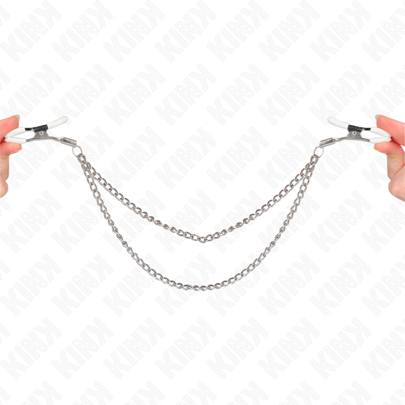 KINK - PINZE PER CAPEzzoli CON 2 CATENE SOTTILI ARGENTO 20/23 CM - KINK COLLAR & GAG | Lingerie Harness Boutique