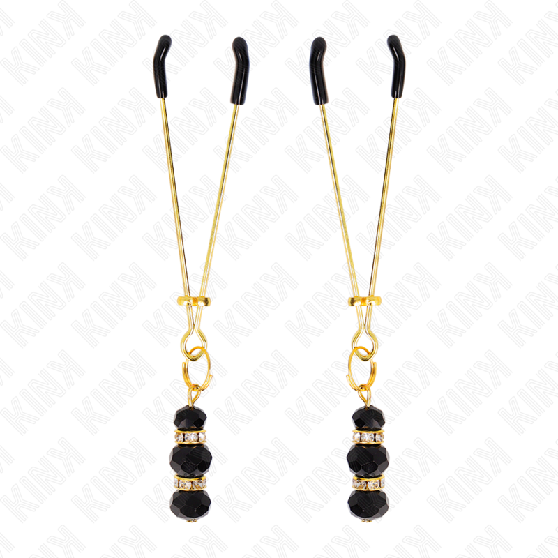 KINK - PINZE PER CAPEZZOLI SOTTILI ORO CON 3 PERLINE DI VETRO NERE 7 CM - KINK NIPPLE GRIP | Lingerie Harness Boutique