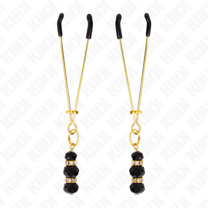 KINK - PINZE PER CAPEZZOLI SOTTILI ORO CON 3 PERLINE DI VETRO NERE 7 CM - KINK NIPPLE GRIP | Lingerie Harness Boutique