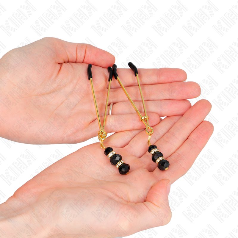 KINK - PINZE PER CAPEZZOLI SOTTILI ORO CON 3 PERLINE DI VETRO NERE 7 CM - KINK NIPPLE GRIP | Lingerie Harness Boutique