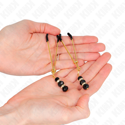 KINK - PINZE PER CAPEZZOLI SOTTILI ORO CON 3 PERLINE DI VETRO NERE 7 CM - KINK NIPPLE GRIP | Lingerie Harness Boutique