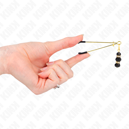 KINK - PINZE PER CAPEZZOLI SOTTILI ORO CON 3 PERLINE DI VETRO NERE 7 CM - KINK NIPPLE GRIP | Lingerie Harness Boutique