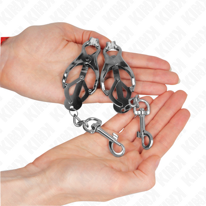 KINK - PINZE PER CAPEZZOLI TRIFOGLIO GIAPPONESE CON GANCI ARGENTO - KINK COLLAR & GAG | Lingerie Harness Boutique