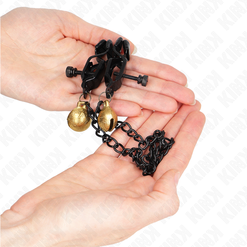 KINK - PINZE PER CAPEZZOLI A CATENA PIATTA E CAMPANA ARGENTO 30 CM - KINK COLLAR & GAG | Lingerie Harness Boutique