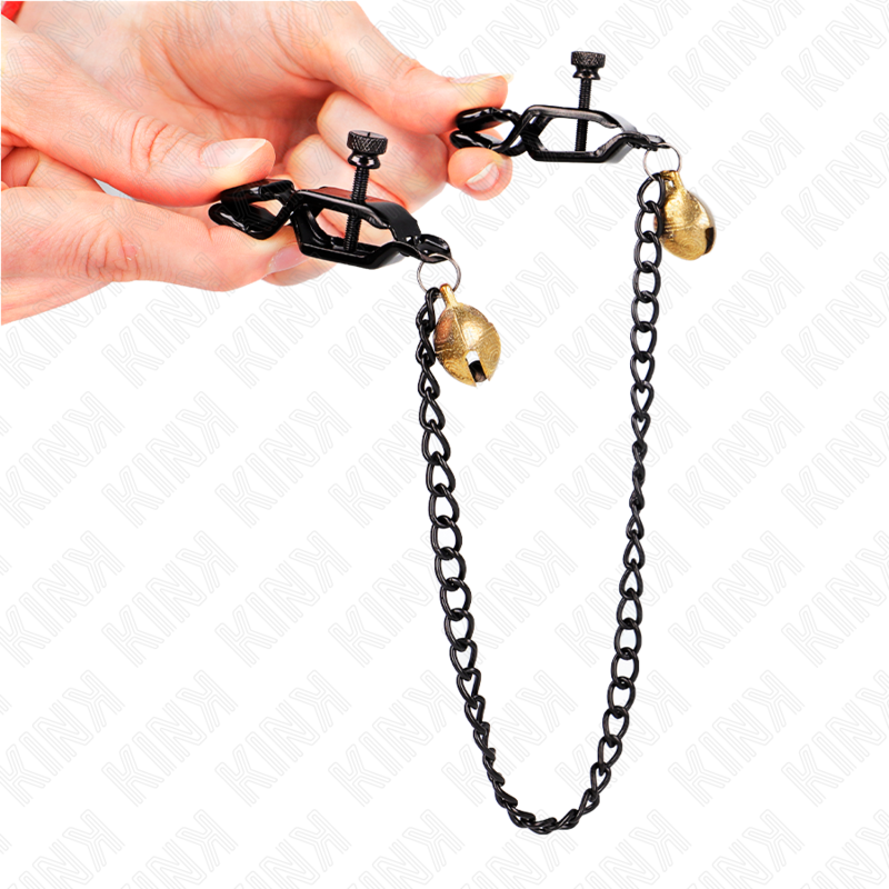 KINK - PINZE PER CAPEZZOLI A CATENA PIATTA E CAMPANA ARGENTO 30 CM - KINK COLLAR & GAG | Lingerie Harness Boutique