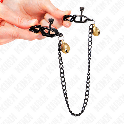 KINK - PINZE PER CAPEZZOLI A CATENA PIATTA E CAMPANA ARGENTO 30 CM - KINK COLLAR & GAG | Lingerie Harness Boutique