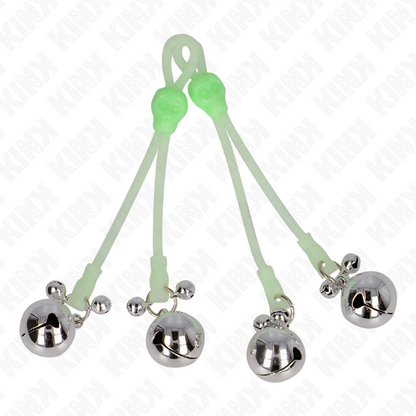 KINK - LIGHT UP SKULL NIPPLE CLAMPS WITH RING ADJUSTABLE BELLS GREEN/SILVER