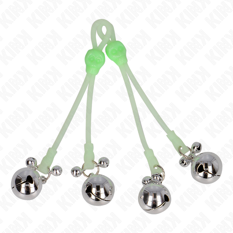 KINK - PINZE PER CAPEZZOLI TESCHIO LUMINOSO CON ANELLO CAMPANE REGOLABILI VERDE/ARGENTO - KINK COLLAR & GAG | Lingerie Harness Boutique