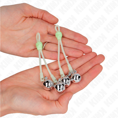 KINK - PINZE PER CAPEZZOLI TESCHIO LUMINOSO CON ANELLO CAMPANE REGOLABILI VERDE/ARGENTO - KINK COLLAR & GAG | Lingerie Harness Boutique