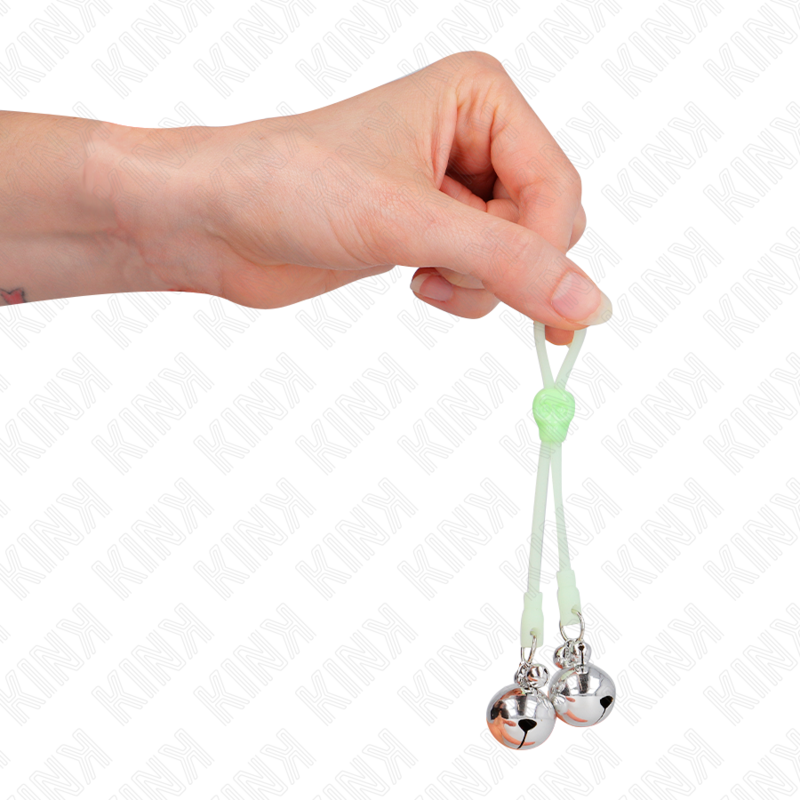 KINK - PINZE PER CAPEZZOLI TESCHIO LUMINOSO CON ANELLO CAMPANE REGOLABILI VERDE/ARGENTO - KINK COLLAR & GAG | Lingerie Harness Boutique