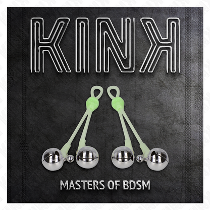 KINK - PINZE PER CAPEZZOLI TESCHIO LUMINOSO CON ANELLO CAMPANE REGOLABILI VERDE/ARGENTO - KINK COLLAR & GAG | Lingerie Harness Boutique