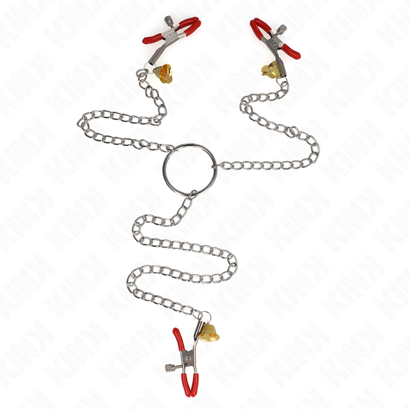 KINK - MORSETTI PER CAPEZZOLI TRIPLI E CLIT ROSSO CON CATENA 30 CM - KINK COLLAR & GAG | Lingerie Harness Boutique