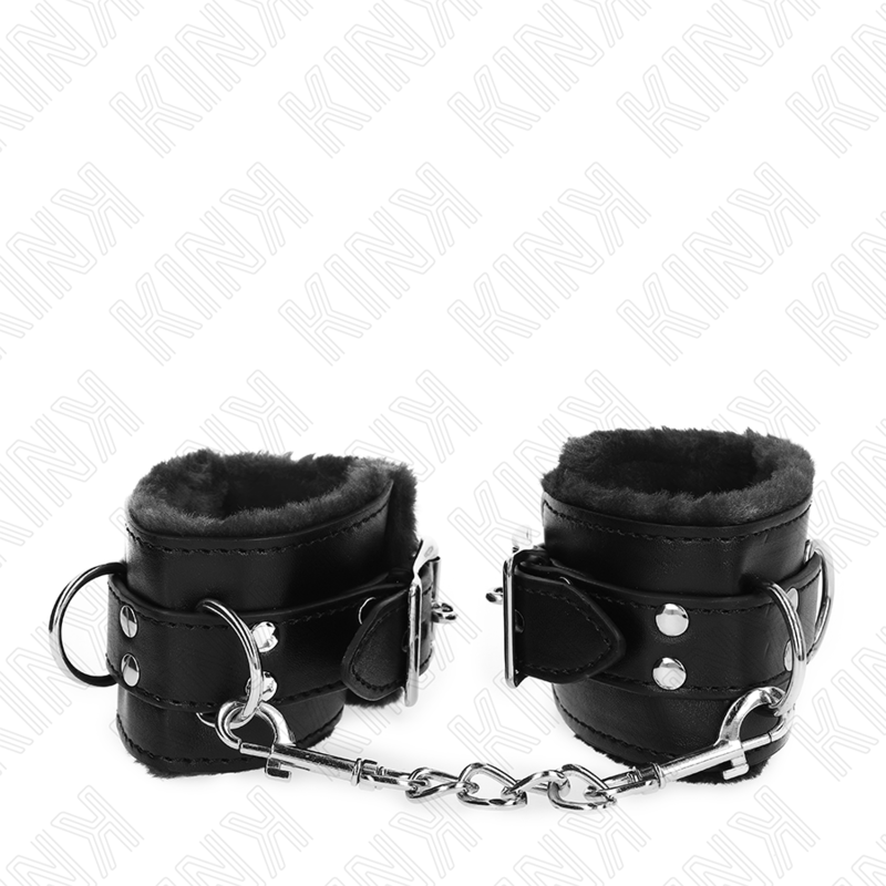 KINK - RESISTENZA DA POLSO IMBOTTITA IN PELLICCIA NERA CON CINTURA NERA REGOLABILE 17-29 CM X 6 CM - KINK COLLAR & GAG | Lingerie Harness Boutique