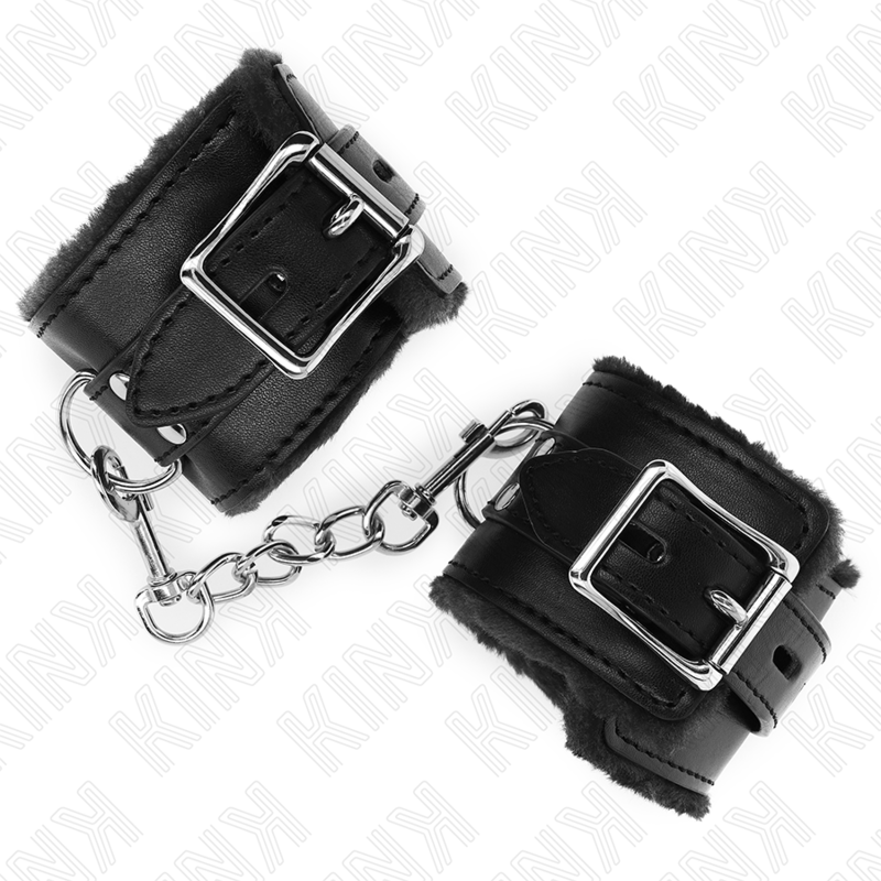KINK - RESISTENZA DA POLSO IMBOTTITA IN PELLICCIA NERA CON CINTURA NERA REGOLABILE 17-29 CM X 6 CM - KINK COLLAR & GAG | Lingerie Harness Boutique