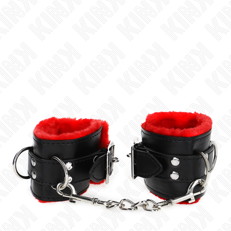 KINK - POLSINI IMBOTTITI IN PELLICCIA CON FORI QUADRI CINTURA ROSSA E NERA REGOLABILE 17-29 CM X 6 CM - KINK COLLAR & GAG | Lingerie Harness Boutique